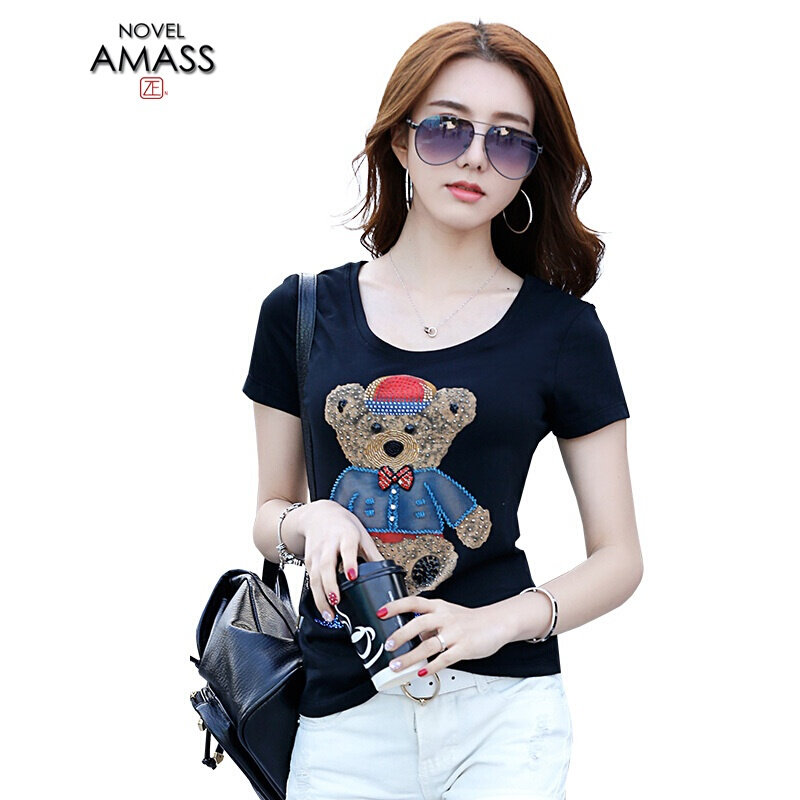 新颖阿玛施正旗舰店官网2020夏新款t恤女装正品套头小熊钉珠短袖