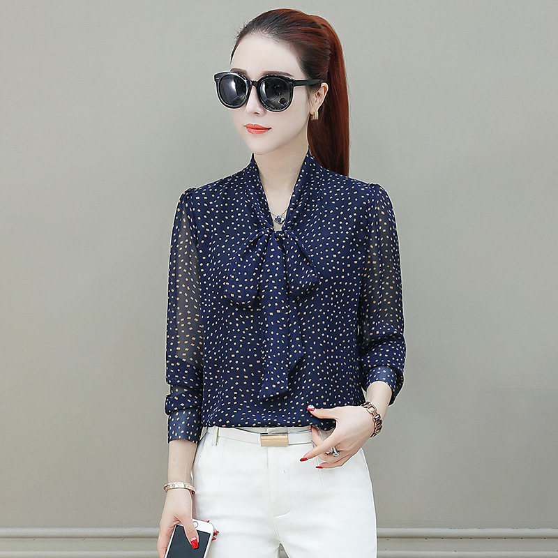 新阿玛施正旗舰店官网2020秋季新款衬衫女士波点碎花蝴蝶结带上衣