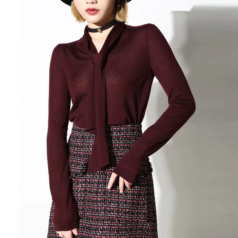 新颖阿玛施正旗舰店官网毛针织衫女套头2020秋新款飘带针织打底衫