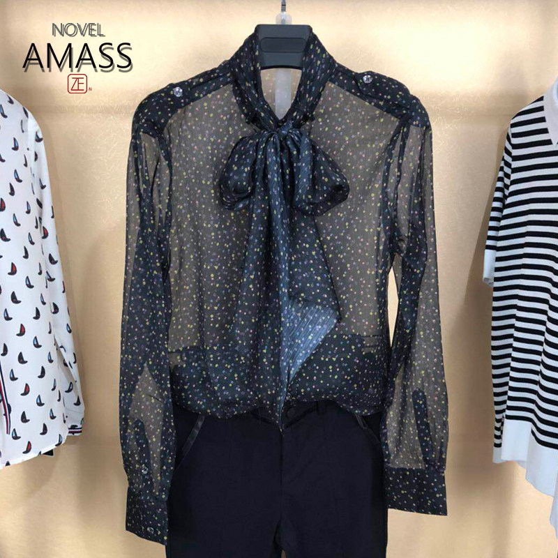 新阿玛施旗舰店官网2020春新款衬衫女士夏装正品波点飘带长袖衬衣