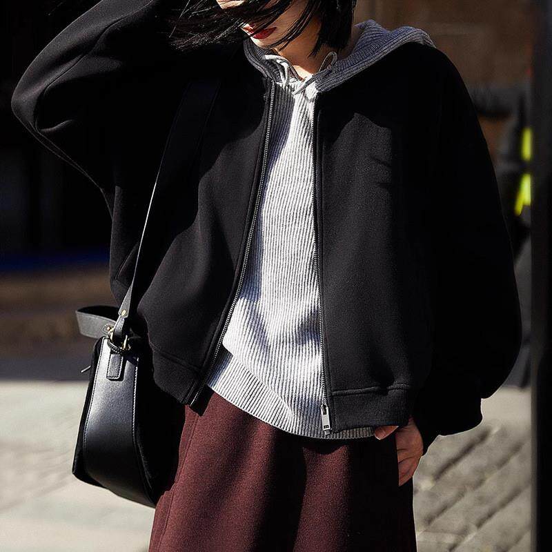 长绒棉双面针织棒球服外套2026春季卫衣开衫上衣休闲女装黑色米色