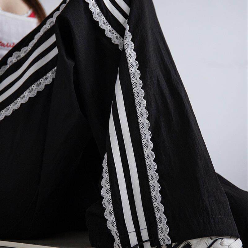 条纹运动裤子女春夏季2026新款阔腿直筒裤休闲宽松小个子蕾丝卫裤