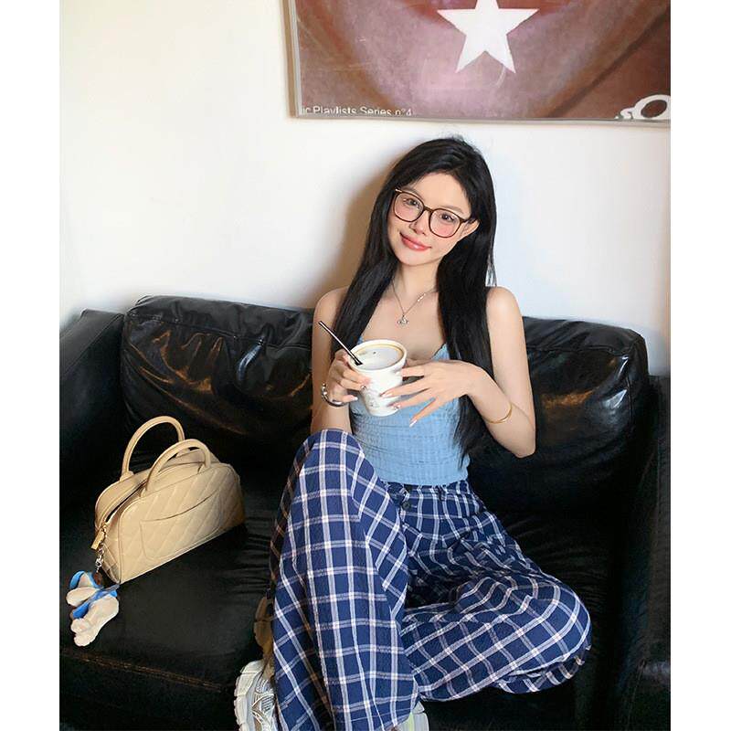 赵露思明星同款藏蓝色垂感慵懒风格子阔腿裤女夏季宽松薄款休闲裤