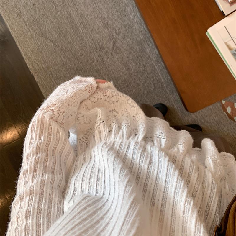 早秋穿搭气质网格修身显瘦长袖T恤拼接蕾丝下摆内搭打底衫上衣女