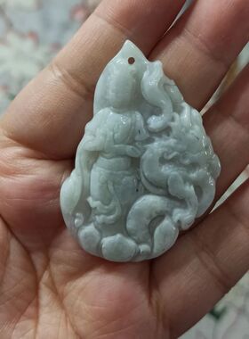 213缅甸天然翡翠吊坠御龙观音牌子白飘花卡49X33mm左右满48元包邮