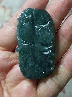 426天然翡翠吊坠危料蓝水飘花荷叶鱼年年有余如意鱼卡46X22mm左右