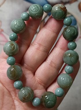 227缅甸天然翡翠烧红翡回纹珠手串卡14mm左右圆珠手链满48元包邮