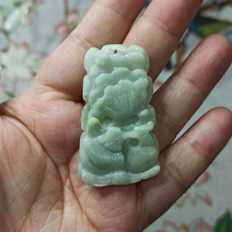 259天然翡翠吊坠飘花荷叶鸳鸯牌如意莲叶牌卡48X29mm左右满48包邮