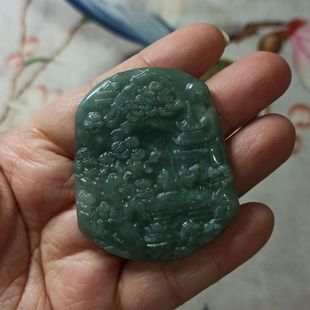 405危料天然翡翠山水牌吊坠飘花卡51X43mm左右特色微棉满48元 包邮