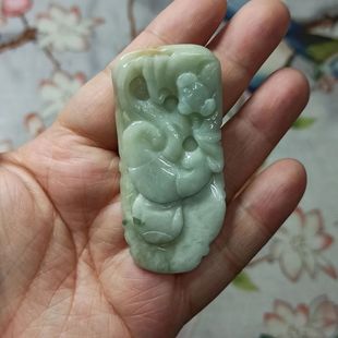 201缅甸天然翡翠吊坠雕刻件手把件飘花蝙蝠如意葫芦福寿卡60X28mm