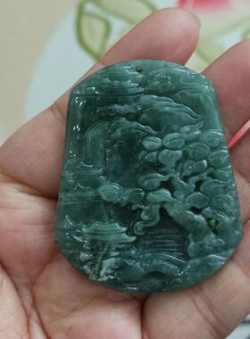 235危料天然翡翠山水牌吊坠飘花卡51X42mm左右特色微棉满48元包邮