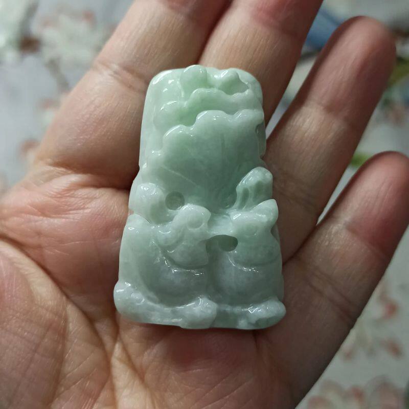 67天然翡翠吊坠飘花荷叶鸳鸯牌如意莲叶牌卡45X28mm左右满48包邮