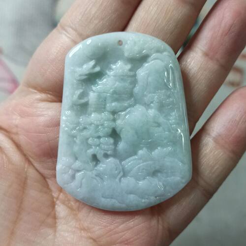 缅甸天然翡翠吊坠飘花山水牌