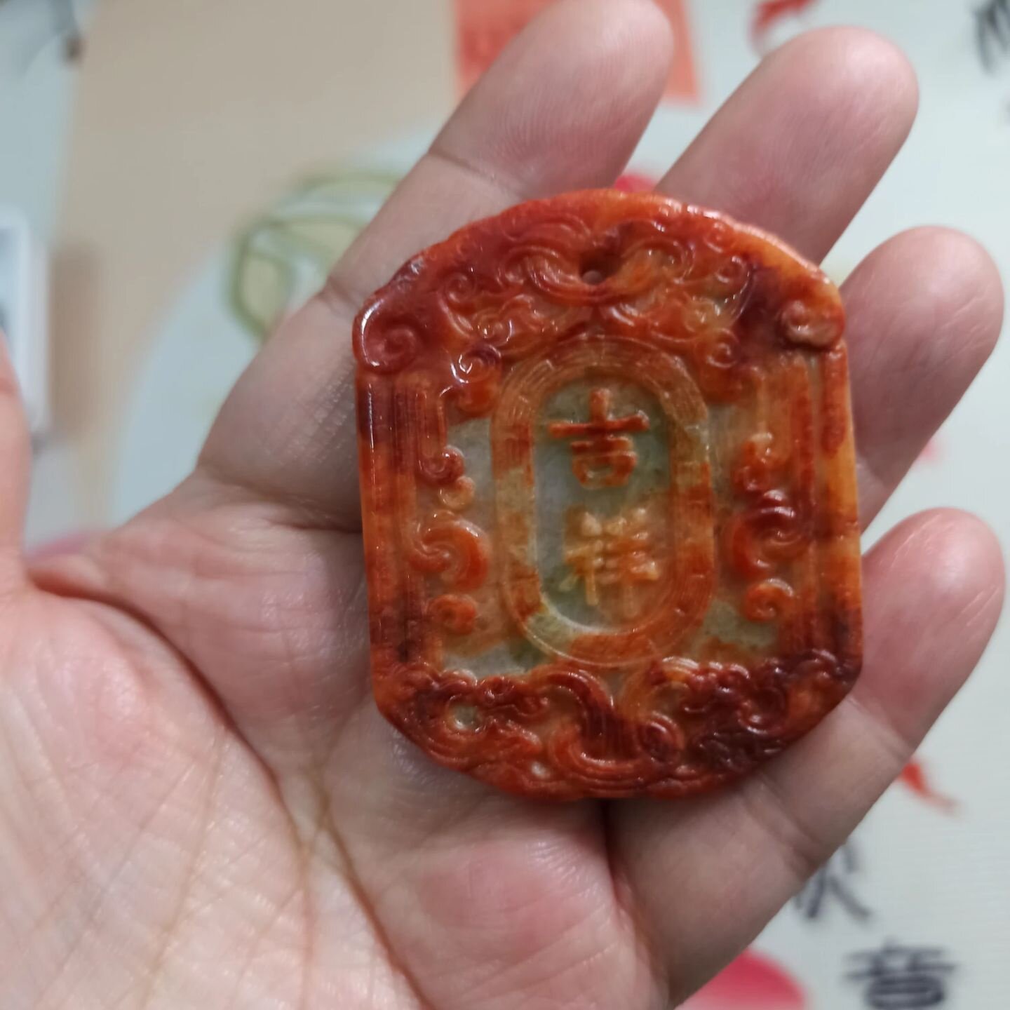 389缅甸天然翡翠雕刻仿古福牌挂牌吉祥福纹牌卡51X41mm左右48包邮