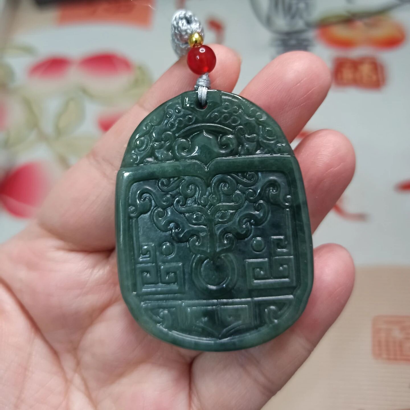 430缅甸天然翡翠雕刻仿古福牌挂牌双龙护主卡52X40mm左右满48包邮