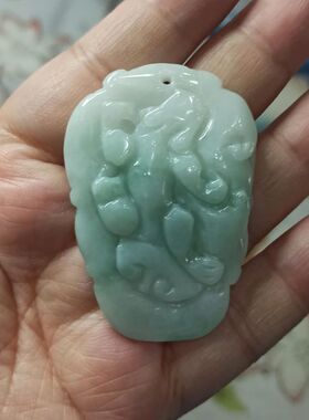 136缅甸天然翡翠吊坠雕刻件手把件飘花貔貅如意福瓜福寿卡50X35mm