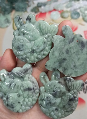 天然翡翠吊坠如意福牌飘花鱼牌兔