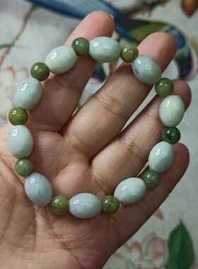 62缅甸天然翡翠飘花桶珠路路通卡12X10mm左右长珠手串满48元包邮