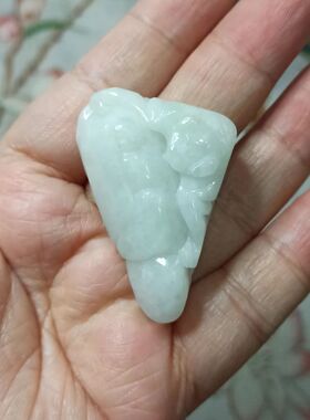 26缅甸天然翡翠吊坠雕刻件手把件飘花蝙蝠如意福瓜福寿卡42X29mm