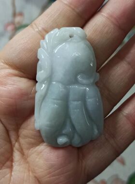 279缅甸天然翡翠吊坠飘花雕刻件手把件佛手人参人生如意卡49X29mm