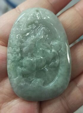 25缅甸天然翡翠吊坠绿底飘花十二生肖马牌卡50X35mm左右马到功成