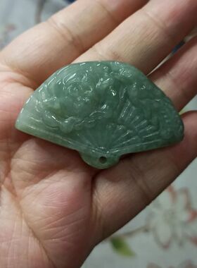 267缅甸天然翡翠吊坠绿底凤穿牡丹扇子牌卡50X32mm左右满48元包邮