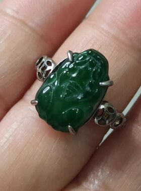390翡翠貔貅戒指镶嵌款绿底戒面卡16X10mm左右圈口可调节满48包邮