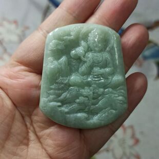 100缅甸天然翡翠吊坠淡绿山水佛公牌子飘花卡51X43mm左右48元包邮