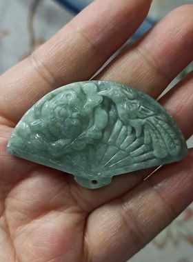 247缅甸天然翡翠吊坠绿底凤穿牡丹扇子牌卡52X31mm左右满48元包邮