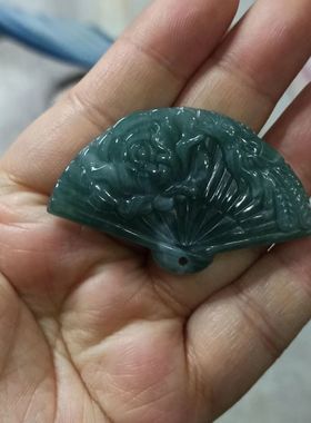 282天然翡翠吊坠危料蓝水凤穿牡丹扇子牌卡51X31mm左右满48元包邮