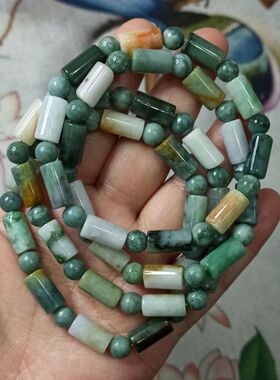186缅甸天然翡翠飘花桶珠路路通卡12X7mm左右长珠手串满48元包邮