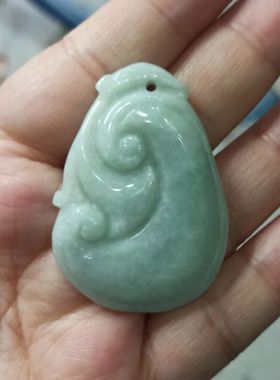 258缅甸天然翡翠吊坠雕刻件飘花如意手把件卡45X32mm左右满48包邮