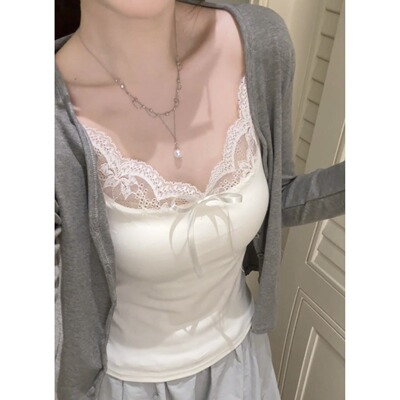 温柔甜美蝴蝶结蕾丝拼接吊带背心带胸垫小清新设计感打底修身上衣