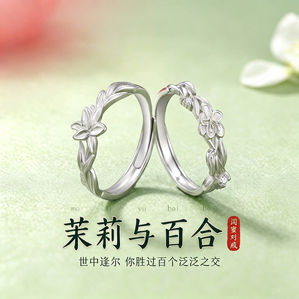 百合花茉莉闺蜜对戒小众定制戒指图片