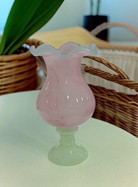 中古芬顿粉绿高脚风灯花瓶手工琉璃家居装饰花瓶