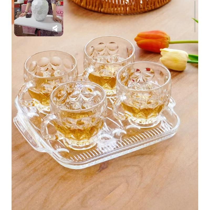 S朗旭一盘四杯家用玻璃杯盘套装客厅轻奢高档透明创意花茶杯