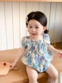 韩版 薄款 哈裙碎花泡泡袖 宝宝夏季 三角爬服 亲子装 婴儿连体衣夏款