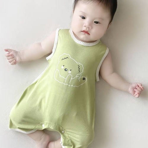 婴儿夏季连体衣无袖薄款冰丝棉儿童爬爬服哈衣睡衣亲子装宝宝家居