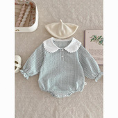 婴儿包屁衣春秋装 格子哈衣女宝宝三角爬服新生儿连体衣 娃娃领长袖