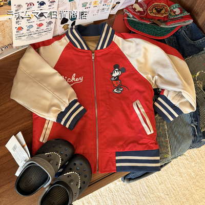 日系中古风卡通米奇印花棒球服