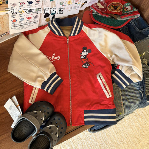 日系中古风卡通米奇印花棒球服