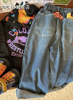 日系中古风DD童装儿童刺绣徽章图案小瓢虫泼墨口袋直筒牛仔裤蓝色