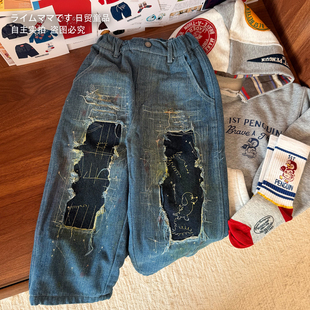 日系DD风儿童破洞牛仔长裤做旧泼墨贴布男女童宽松潮裤秋冬直筒裤