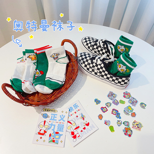 短袜5双绿 透气2022新款 奥特曼儿童袜子男童夏纯棉短款 潮网眼薄款