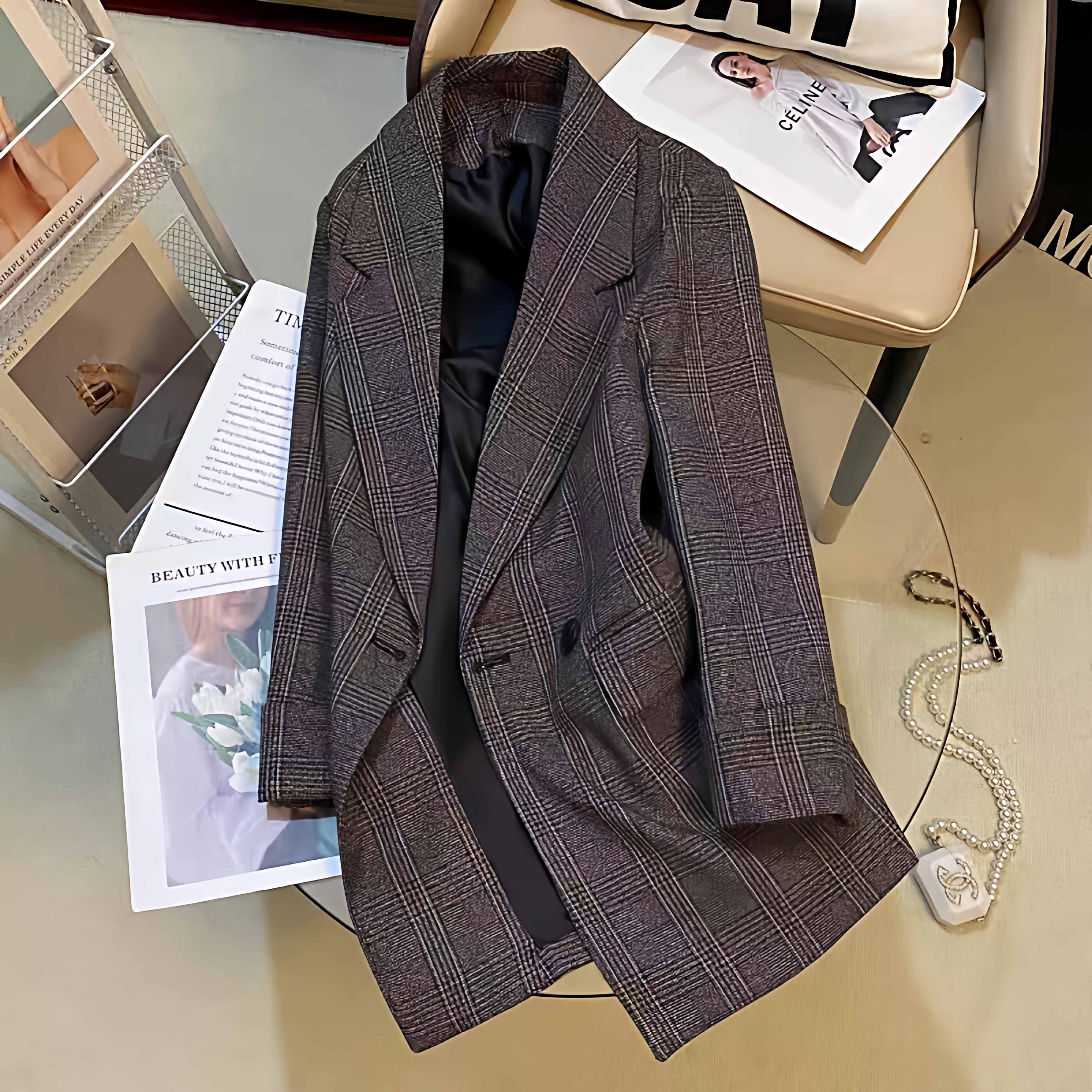 英伦复古西装外套2025新款格纹西服秋季韩版宽松翻领美式西装外套