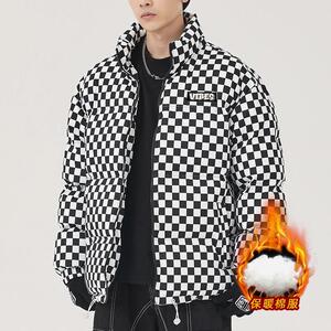 二更冬季棋盘格棉衣男士棉袄加厚立领保暖面包服休闲宽松冬装外套