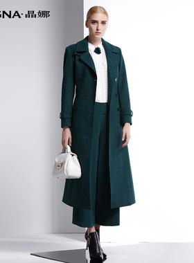 晶娜品牌女装新款墨绿色风衣HK31602J
