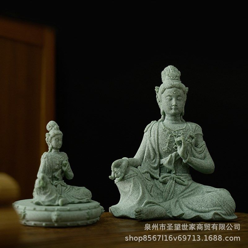 青砂石水月观音坐姿佛像人物山水石头流水微景观假山茶宠造型摆件