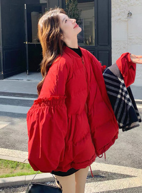 红色泡芙羽绒棉服女短款2025冬新款韩版加厚保暖宽松棉衣外套