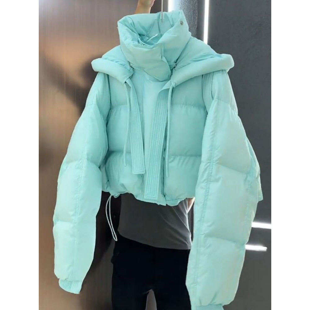高级感超好看湖蓝色短款棉服女冬季小个子今年流行漂亮面包服外套